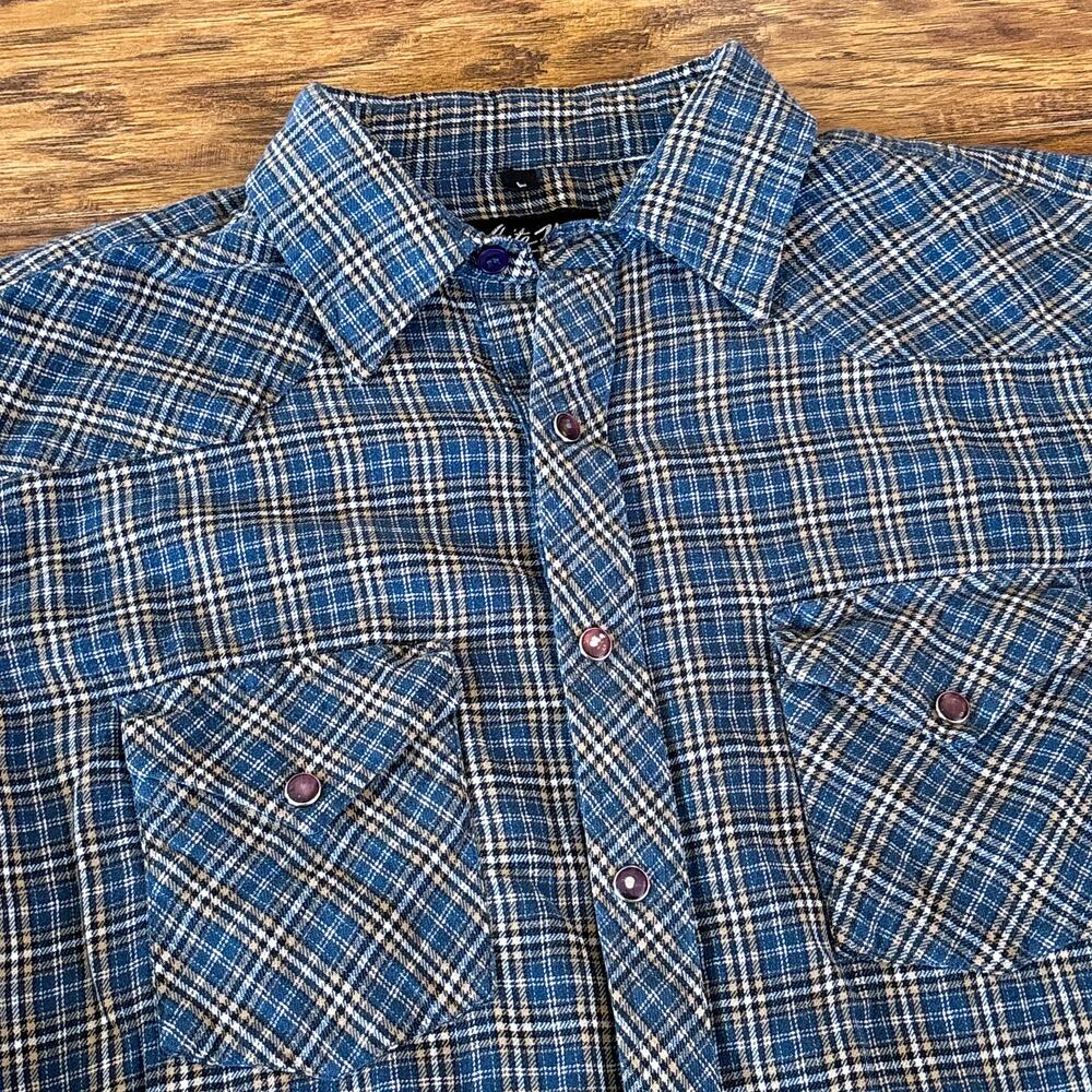 White Horse Blue Tan Plaid Flannel Western Pearl Snap Button Down Shirt Large